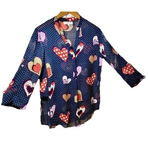 Derby M Top Blue Polk Dot Blouse Hearts Embroidered Trim Buttons Roll Tab Sleeve